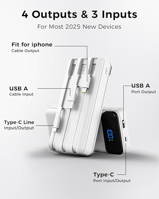 Portable Charger 40000mAh Power Bank Built-in Cable Battery Pack, PD 22.5W Fast Charging Portable Phone Charger 4 Output 3 Input, Compatible with iPhone 16 15 14 13 Samsung Google iPad (White)