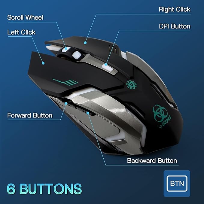 VEGCOO Wireless Gaming Mouse, C8 Silent Click Wireless Rechargeable Mouse with Colorful LED Lights and 3 Level DPI 400mah Lithium Battery for Laptop and Computer (Black)