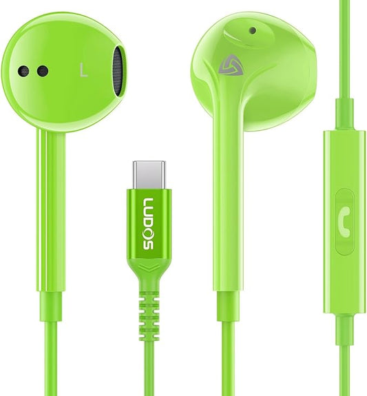 LUDOS Zenith USB C Headphones for iPhone 17 16 15 Pro Max Plus Air iPad Pro Air, 2 Years Warranty, USB-C Earbuds for Samsung Galaxy S24 S23 Ultra S22 S21 S20 A55 A54 A53, USB Type C Earphones - Green