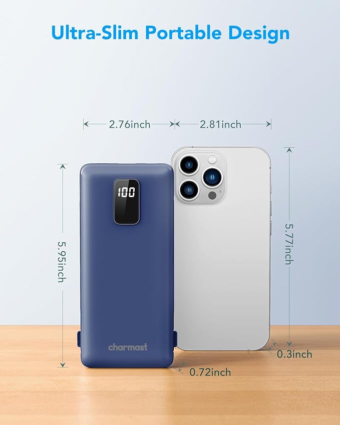 charmast Portable Charger with Built-in Cables and Plug, 10000mAh USB C Power Bank Fast Charging, External Battery Pack Slim, Travel Essentials Compatible with iPhones, Samsung Galaxy, iPad