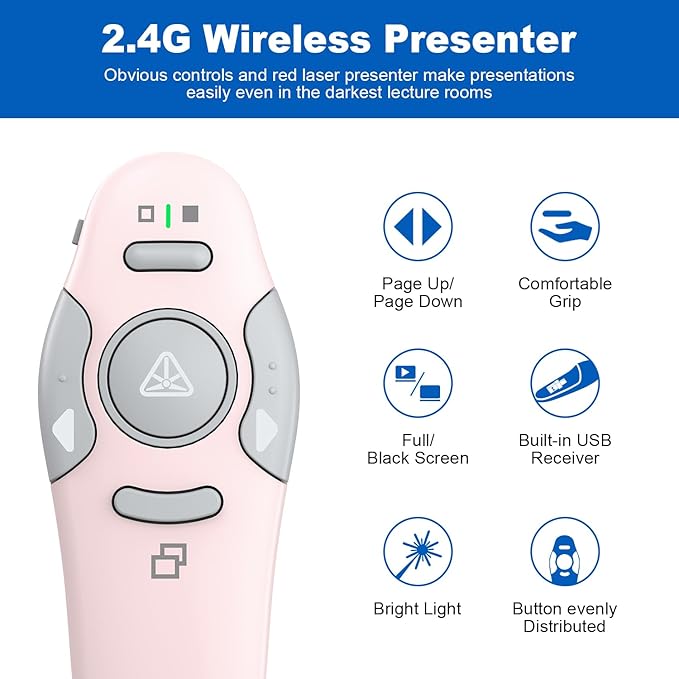 QUI Presentation Clicker Wireless Presenter Remote Clicker for PowerPoint Presentation Remote, PowerPoint Slide Advancer for Mac/Windows/Linux, Google Slide/PPT/Keynote, Type-c, Pink