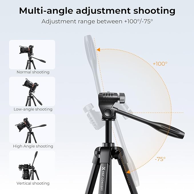 K&F CONCEPT 60'' Portable Travel Tripod, 1.34 lbs Ultra Lightweight with Remote and Cellphone Holder, 360° Panorama, Cold Shoe Interface, Portable for Travel - B174A1