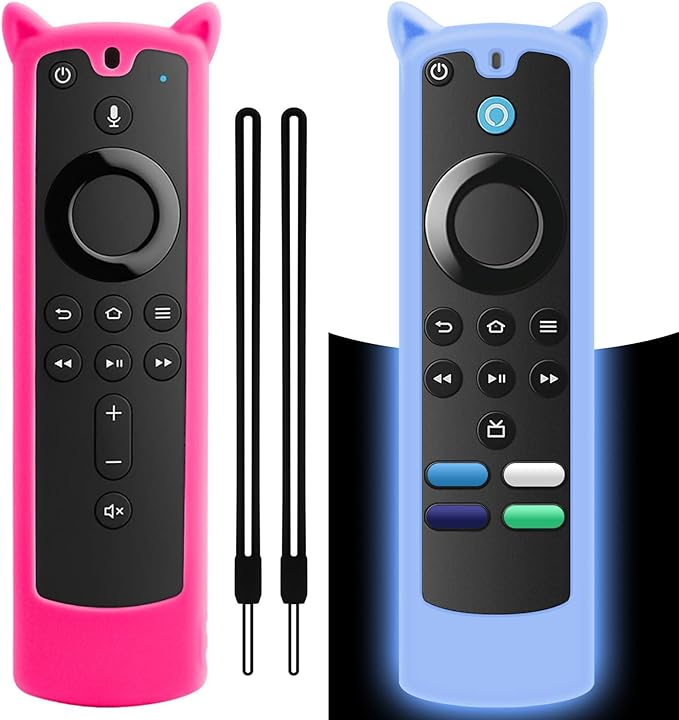 2 Pack Silicone Remote Cover Case Glow in The Dark, Anti-Slip Silicone Protective Case with Lanyard Blue & Rose Red