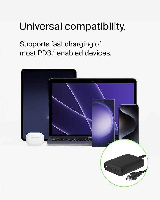 Belkin 4-Port USB C Charger Block, 200W GaN Multi-Port Charger USB-C PD 3.1 Fast Charge + 5ft Power Cord - MacBook, iPhone 17, Air, iPad, Galaxy S25, Google Pixel 10, Nintendo Switch 2 - Black