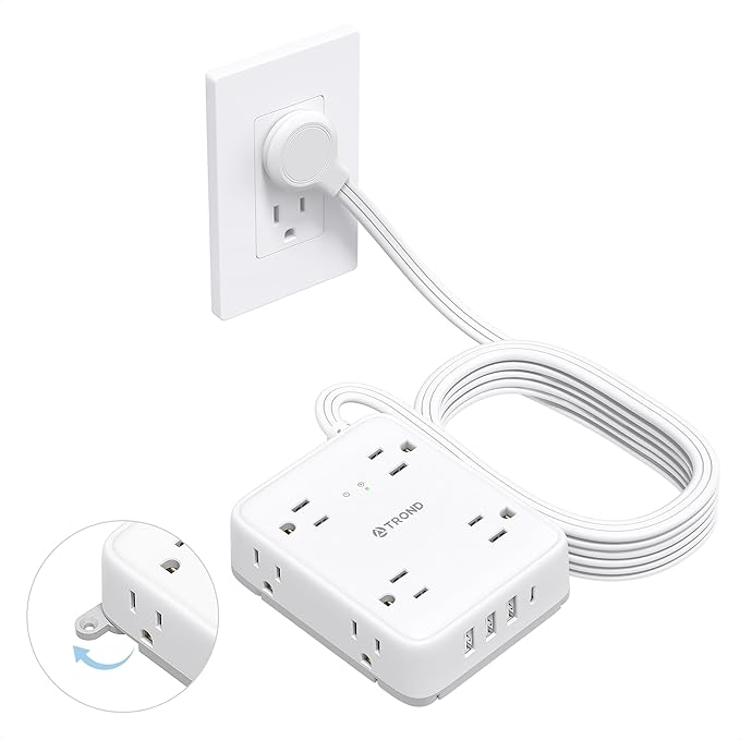 TROND Surge Protector Power Strip with USB, Ultra Thin Flat Plug 10ft Extension Cord 1625W, 3 USB-A & 1 USB-C, 8AC Outlets 1440J Surge Protection Wall Mount for Home Office Dorm Room Essentials, White