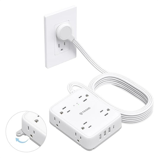 TROND Surge Protector Power Strip with USB, Ultra Thin Flat Plug 10ft Extension Cord 1625W, 3 USB-A & 1 USB-C, 8AC Outlets 1440J Surge Protection Wall Mount for Home Office Dorm Room Essentials, White