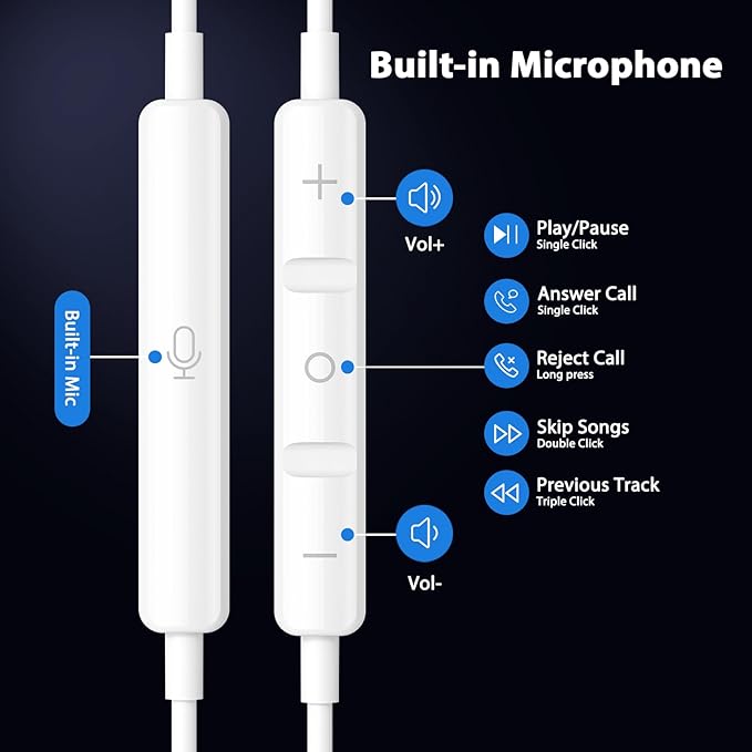 USB C Headphones with Mic for iPhone 17 Pro Max 16e 16 15, Wired Headphones Earbuds, HiFi Magnetic Type C Headphone Sport Earphone for iPad Pro Air Samsung Flip Fold Galaxy S25 S24 S23 OnePlus 13 12