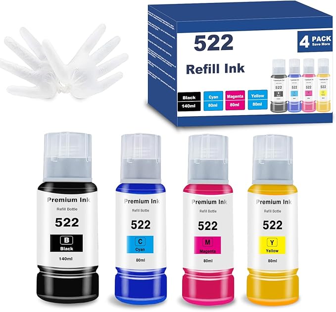522 High Colour Accuracy Ink Bottles Replacement for Epson T522 502 Use for Refill EcoTank ET-2803 ET-2800 ET-2720 ET-3750 ET-4800 ET-4700 ET-2750 Printers Black Cyan Magenta Yellow 4 Bottles