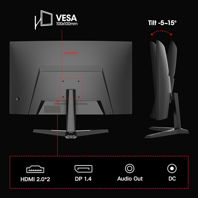 KOORUI 27 inch Curved Gaming Monitor, QHD (2560 x 1440) 180Hz R1500, Adaptive Sync with 1ms Computer Monitor, VESA Compatible, HDMI 2.0x2 & DisplayPort 1.4x1, Eye Care, 27E6QCA