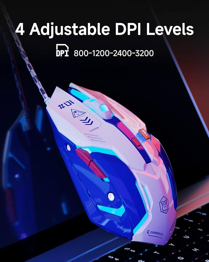EWEADN G10 Wired Gaming Mouse, Computer Mouse with RGB Backlit, 3200 DPI Adjustable, Quiet Clicks, Ergonomic Wired Mouses with 6 Buttons and 4.2FT Cord, USB Mouse for PC/Win/Laptop, White-Blue