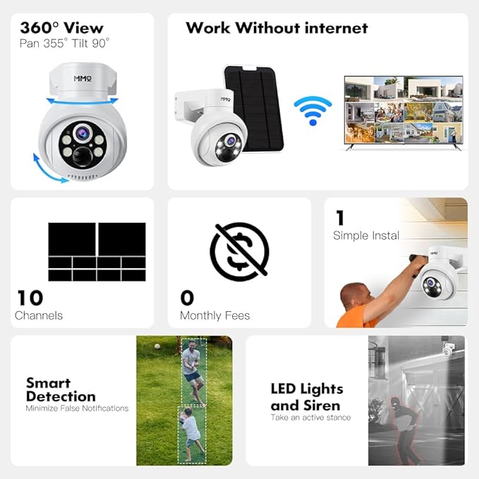 MMQ Solar Security Cameras Wireless Outdoor, 4MP PTZ Powered Security Cameras for Home, Security Camera Outside with PIR Motion Detection, Color Night Vision, Two Way Audio, Compatible with Alexa