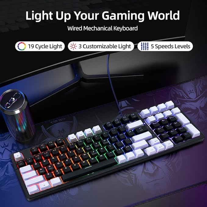 Mechanical Gaming Keyboard, Full Key Compact Wired RGB Backlit Light Up, Red Switches Hot Swappable USB C Creamy Sounding Silent White Mechanical Keyboard for PC MAC