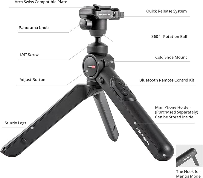 PGYTECH MANTISPOD 2.0 Bluetooth Mini Camera Vlogging Tripod Small Travel Flexible DSLR Pocket Stand Video Vlog Desktop Shooting Selfie Mount with Remote Control