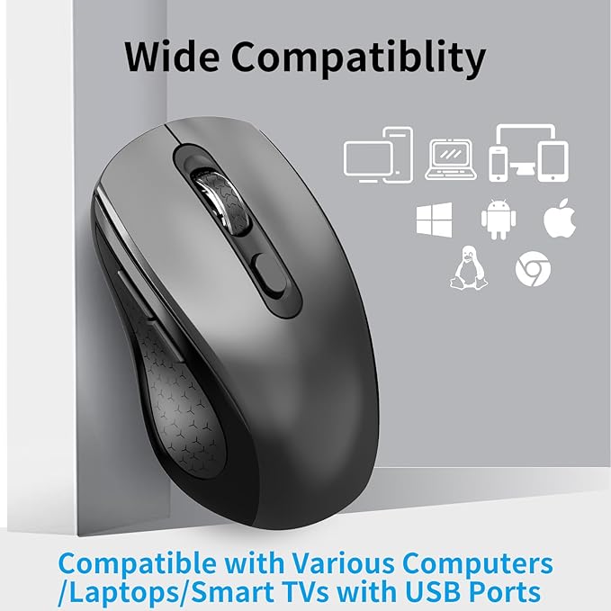 Wireless Mouse Ergonomic, Side Buttons Mouse, 2400 DPI, Silent and Anti Slip Roller Cordless Mice, 2.4Ghz with USB Receiver, 6 Buttons, Suitable for Laptop PC Chromebook and Windows 11/10/7 - Grey