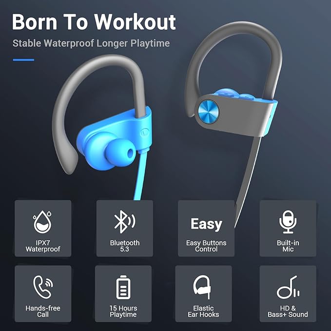 Bluetooth Headphones, Bluetooth 5.3 IPX7 Waterproof Wireless Sports Earbuds for Workout Gym, 16 Hrs Playtime Running Headphones with Noise Cancelling Mic, HiFi Bass Stereo in-Ear Earphones