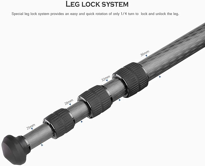 Leofoto Professional Camera Tripod, 62" Compact Carbon Fiber Tripod for DSLR Video Camcorder, 4 Leg Sections, 360° Ball Head, Max Load 25KG/55Lb (LS-364CX+LH-47)