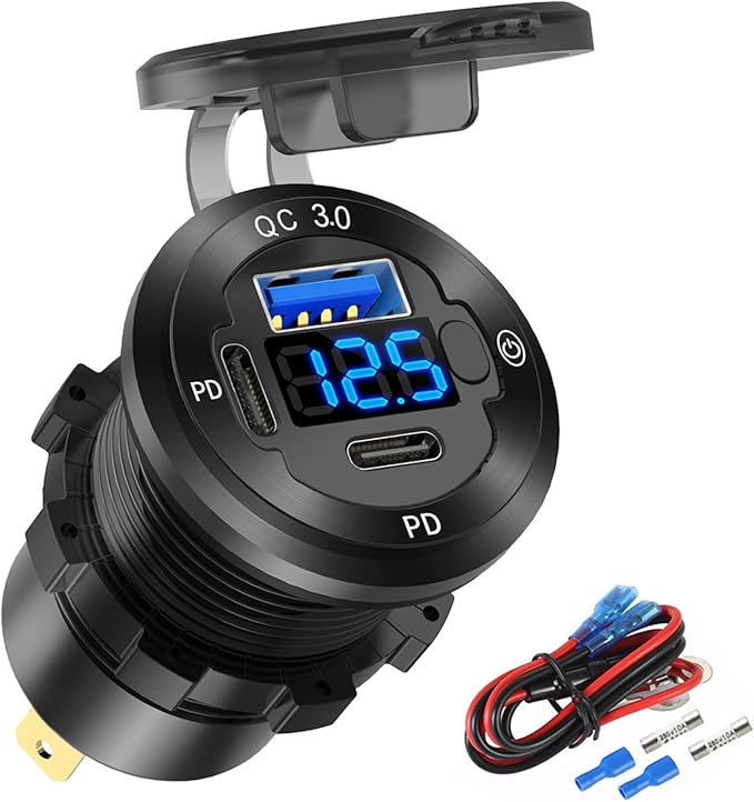 12V USB Car Socket Round USB C 12V Outlet, 3-Port Marine Fast Charger Waterproof Cigarette Outlet Replacement Aluminum with Switch & Voltmeter, Suitable for Boat Golf Cart RV Motorcycle Truck