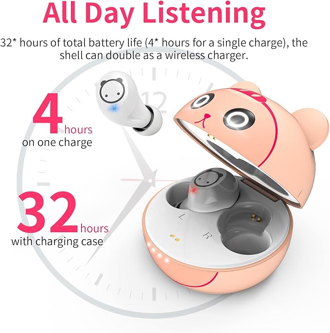 Bluetooth Wireless Earbuds for Kids Small Ears, TWS Bluetooth Headphones, HiFi Stereo Wireless Earphones Sweat-Proof Touch Control Headset with Cartoon Charging Case - Piggy Cat