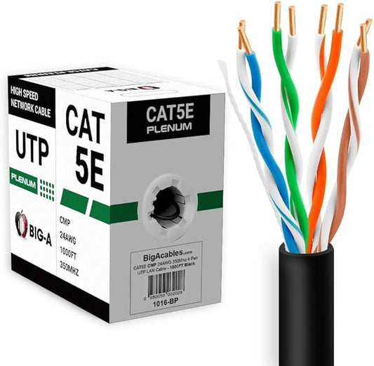Big-A - 1000ft Cat5e Plenum Ethernet Cable, Black, 350MHz, 24AWG UTP, CMP Rated, Solid Network LAN Cord, Compatible with Printer, Gaming Consoles, Router, VoIP Phones, POE IP Cameras