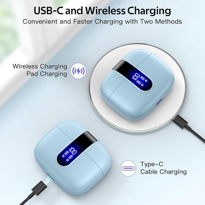 TAGRY Bluetooth Headphones True Wireless Earbuds 60H Playback LED Power Display Earphones with Wireless Charging Case IPX5 Waterproof in-Ear Ear buds with Mic for TV Smart Phone Laptop Computer Sports