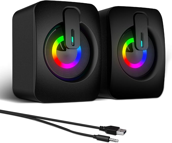 MELOGAGA RGB Computer Speakers, USB-Powered PC Speakers with 7-Color LED Backlight, 3.5mm Aux Compact Soundbar for Desktop, Laptop, Tablet – Crisp Audio & Space-Saving Design