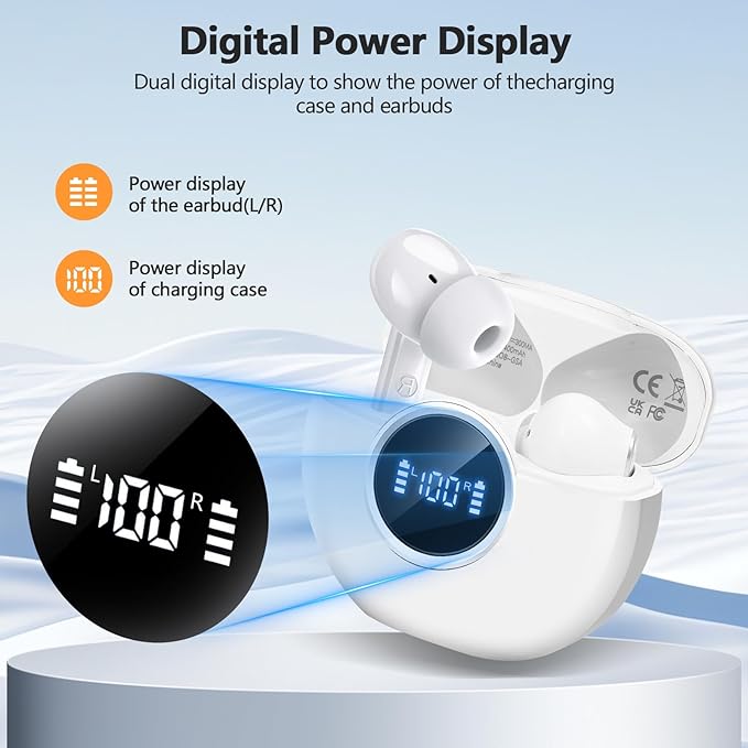 Wireless Earbuds 2025 NEW Bluetooth 5.4 Headphones Bass 3D Stereo, In-Ear Earphones with 4 ENC Noise Cancelling Mic, 48H Playtime with LED Display, IPX7 Waterproof for Laptop Pad Android iOS, White