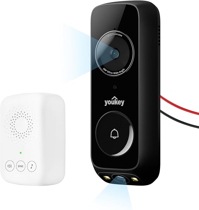 youkey Wired Doorbell Camera with Chime, No Monthly Fee, 2K Video Doorbell with Head-to-Toe Live-view, Package Detection, 2.4/5GHz WiFi-6, Built-in 8Gb Storage, Two-way Talk, Color Night Vision, DB322