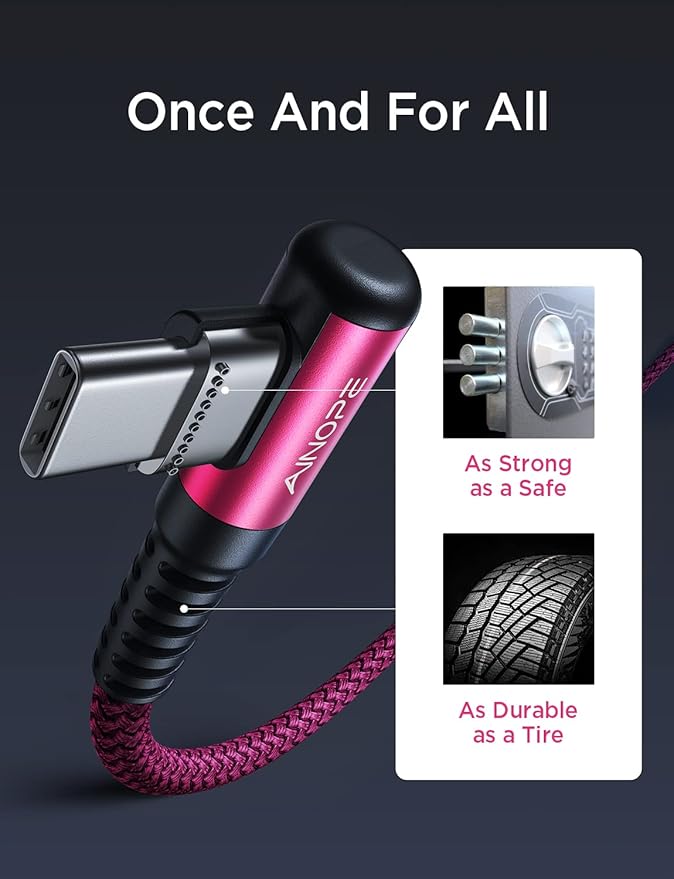 AINOPE USB C Cable 60W 2-Pack 6.6ft Nylon Braided USB C to USB C Cable Type C Charger Fast Charging Right Angle USBC Cable Charger Cord for iPhone 16 Pro Max 15 Plus Samsung S24 S23 iPad Pro Rose Red