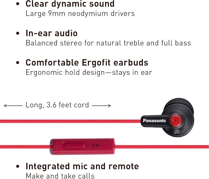 Panasonic ErgoFit Wired Earbuds With Microphone, 3.5mm Jack Headphones with Mic and Call Controller, Ergonomic Custom-Fit Earpieces (S/M/L), for Phones and Laptops - RP-TCM125-KB (Matte Black/Red)