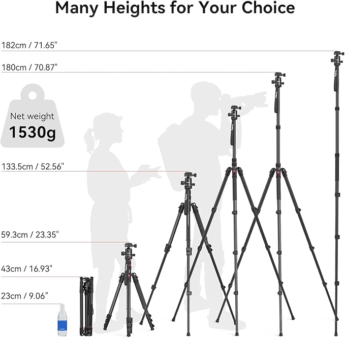 SmallRig Camera Tripod, 71" Foldable Aluminum Tripod/Monopod, 360°Ball Head Detachable, Payload 33lb, Adjustable Height from 16" to 71" for Camera, Phone