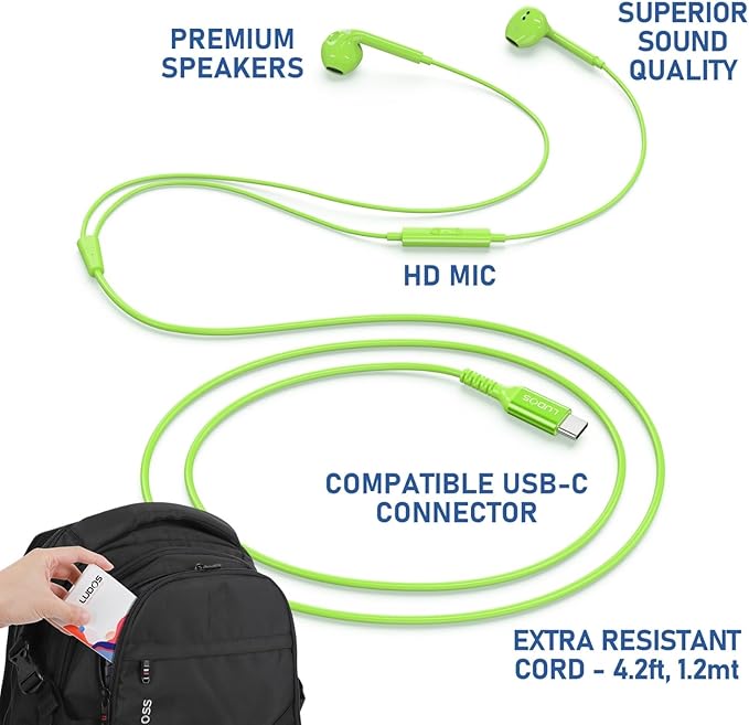 LUDOS Zenith USB C Headphones for iPhone 17 16 15 Pro Max Plus Air iPad Pro Air, 2 Years Warranty, USB-C Earbuds for Samsung Galaxy S24 S23 Ultra S22 S21 S20 A55 A54 A53, USB Type C Earphones - Green