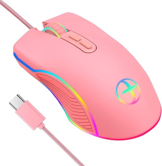 IULONEE Type C Mouse, Wired USB C Mice Gaming Mouse Ergonomic 4 RGB Backlight 3200 DPI Compatible with M@c, Matebook, Chromebook, HP OMEN, Windows PC, Laptop and More USB Type C Devices (Pink)