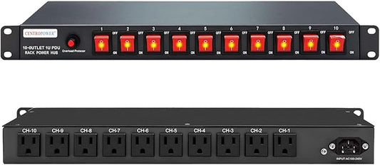 1U PDU Horizontal Rackmount Power Strip - Surge Protector 10 NEMA 5-15R Outlet 100V-240V/15A 1800 Joules, 10 Independent LED Switches, w/6 ft Cord, for Network Server, ETL Listed, by CENTROPOWER