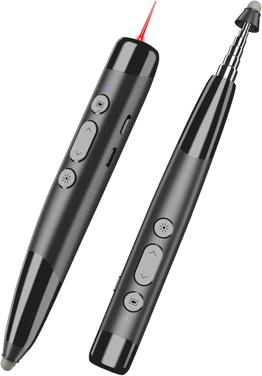 Clicker for PowerPoint Presentations, Wireless Presenter Remote with Stylus Pen & Telescopic Pointer | Hyperlink, Volume Control | Rechargeable USB for PC, Mac