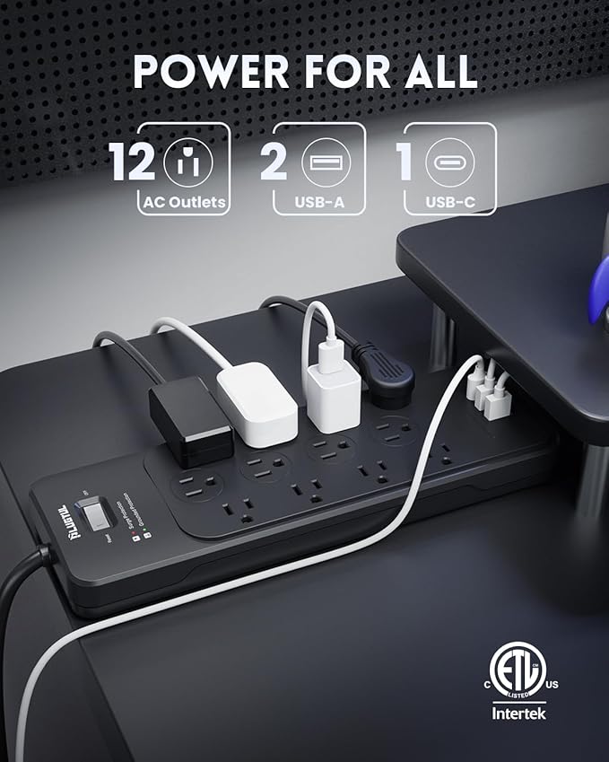 Surge Protector Power Strip 15FT(4080J), PLUGTUL Surge Protector with 12 Outlets - Spacious Design for Large Plugs, Flat Plug, 20W USB C Charging for Home, Office, ETL Listed
