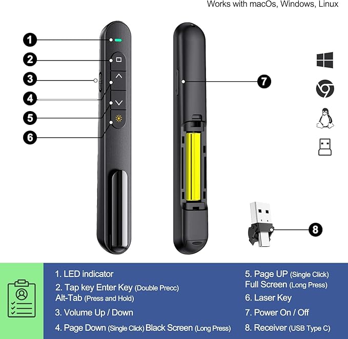 QUI Presentation Clicker for PowerPoint, RF 2.4GHz USB C Wireless Presenter Remote with Volume Control, PowerPoint Clicker Slide Advancer for Mac, Windows, Laptop, Keynote