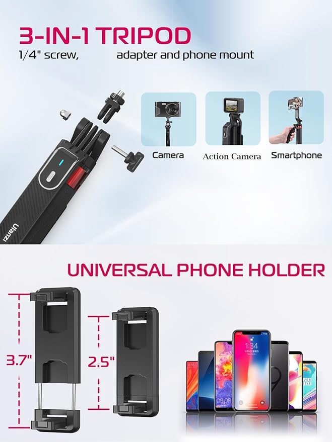 ULANZI MA09 Extendable Phone Tripod, 71" Selfie Stick Vlog Tripod Stand Quadrapod with All in 1 Phone Clip, Travel Tripods Cellphone Holder w Rechargeable Remote for iPhone Sony Canon Action Camera
