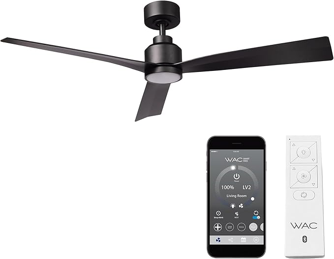 WAC Smart Fans Clean Indoor and Outdoor 3-Blade Smart Home Ceiling Fan 52in Matte Black with 3000K LED Light Kit and Remote Control works with Alexa and iOS or Android App