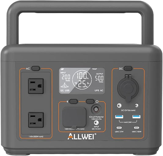 ALLWEI Portable Power Station 500W, 512Wh LiFePO4 Battery, UPS Function, 2.5Hrs Fast Charge, 2 AC Outlets(Surge 1000W), Solar Generator for Outdoor Camping RV CPAP Home Emergency