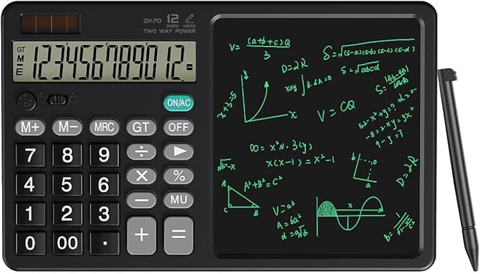 Scientific Calculator with Pull - Out Stylus, 12 - Digit Wide Screen & 100,000+ Reusable Writing Pad, One - Click Clear/Lock, Solar & Battery Dual Power, Portable for School Office Business (Black)