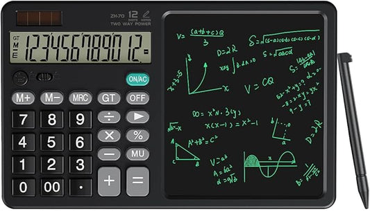 Scientific Calculator with Pull - Out Stylus, 12 - Digit Wide Screen & 100,000+ Reusable Writing Pad, One - Click Clear/Lock, Solar & Battery Dual Power, Portable for School Office Business (Black)