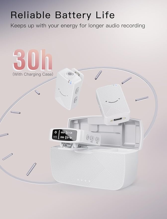 FIFINE Wireless Lavalier Microphone System, Lapel Dual Microphones Clip-on for Video Recording, Vlog, Interview, Podcast Mic Kit Compatible for iPhone, Camera, Smartphone, 30H Battery Life-M9 White