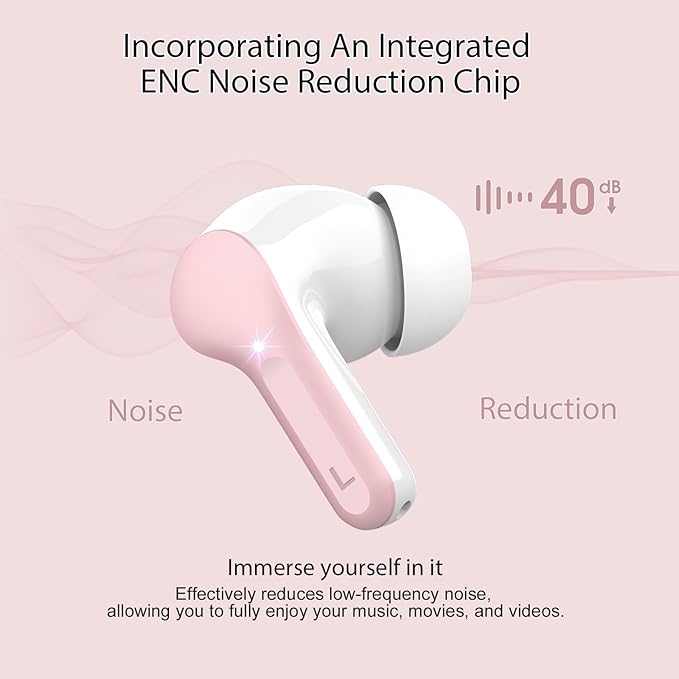 Wireless Earbuds, Bluetooth 5.4 Headphones HiFi Stereo, Bluetooth Earbuds with ENC Noise Cancelling Mic, IP7 Waterproof in Ear Earphones, 48H, LED Display Ear buds for Pad Phone Workout Sports, Pink