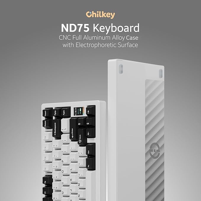 Chilkey ND75 Aluminum 75% Wireless Mechanical Gaming Keyboard with LCD Screen, Quick Assembly, BT/2.4G/USB-C, Hot Swappable Per-Key RGB Custom Keyboard for Windows, MacOS