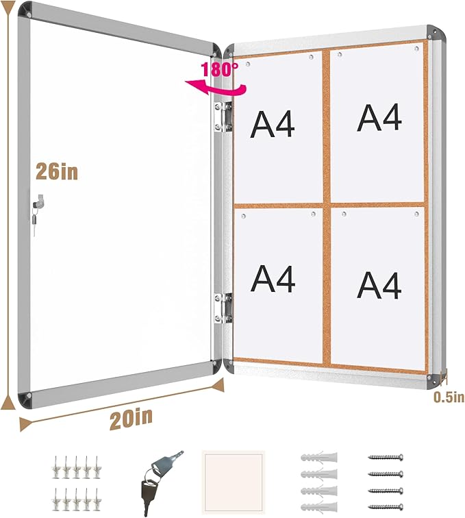 26"x20" Enclosed Bulletin Board, Lockable Weather-Resistant Aluminum Cork Noticeboard for School & Office, Silver Frame w/Cork