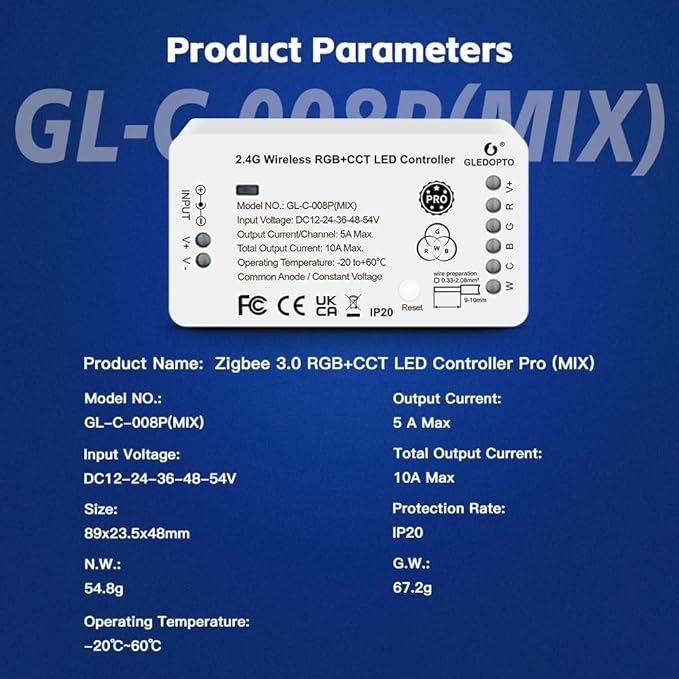 ZigBee 3.0 RGBCCT LED Strip Controller Pro RGB Color and Warm White Cold White Light Mix PWM Dimming Smart Phone App Voice Control Work with Hub Bridge (ZigBee Hub Required)