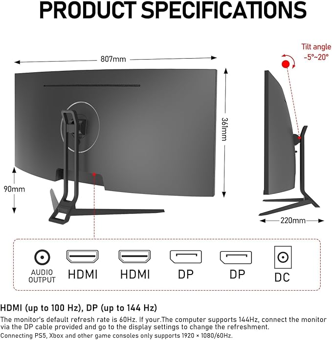 34 Inch Ultrawide Curved 144Hz Gaming Computer Monitor 1500R PC Screen 21:9 UWQHD (3440x1440),Adaptive Sync,178° Viewing Angle,Display Port 1.4、HDMI 2.0,Compatible with Wall mounting -Black