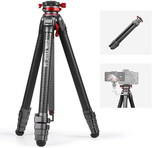 GVM TRIP38 62" Video Camera Tripod Carbon Fiber with Damping Adjustable Fluid Head, Fiber with Leveling 360°Panorama Head, Detachable Center Axis, Fast Flip Buckle, Arca QR Plate Compatible with V3