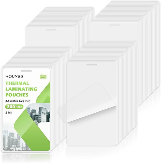 HOUYEE 200 Pack 5Mil Thermal Laminating Pouches, 2.5x4.25 Inches ID Badge Size Laminate Pouches with Hole, Ultra Clear Laminating Sheets, HeatSeal Laminator Pouches for ID Cards, Name Tags, Office Use