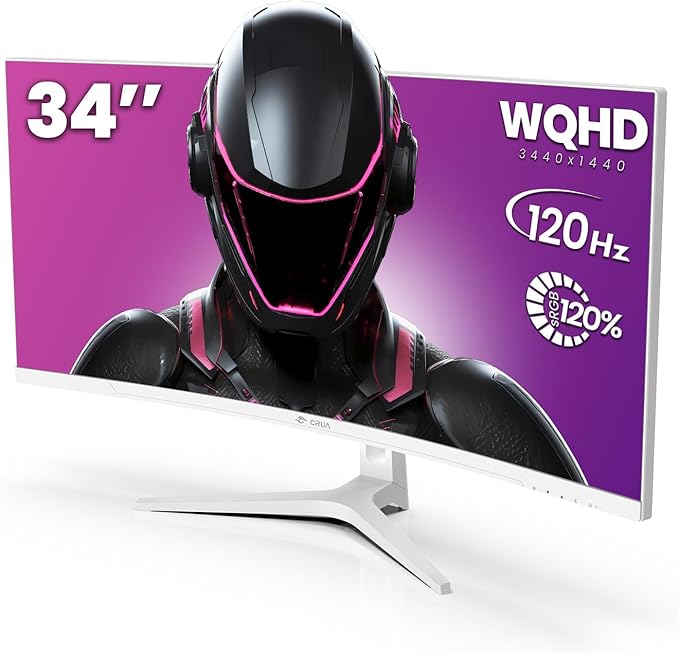CRUA 34" Curved Gaming Monitor, WQHD 3440x1440, 120Hz Computer Monitors, 1500R VA Screen, 120% sRGB, AMD FreeSync, Blue Light Filter, HDMI 2.0 & DP 1.4, Wall Mountable Installs- White
